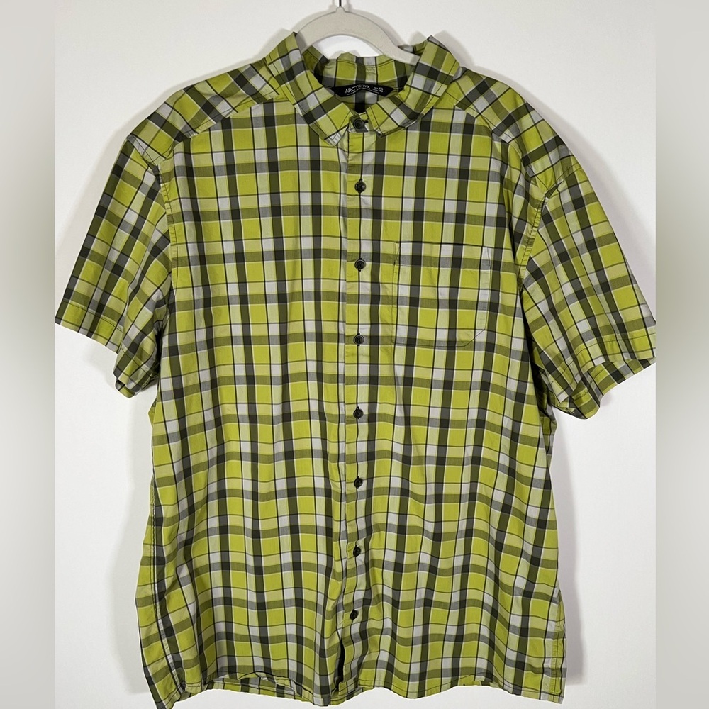 Arcteryx yellow gray plaid Brohm shirt outdoor sz XXL short sleeve hiking